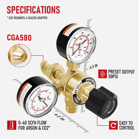 RX WELD argon regulator with dual gauges on brass body, CGA580 inlet, preset output 50 psi for MIG/TIG welding