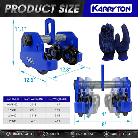 KARRYTON 3-Ton blue beam trolley with adjustable 4–8 in flange width and dual-track rollers