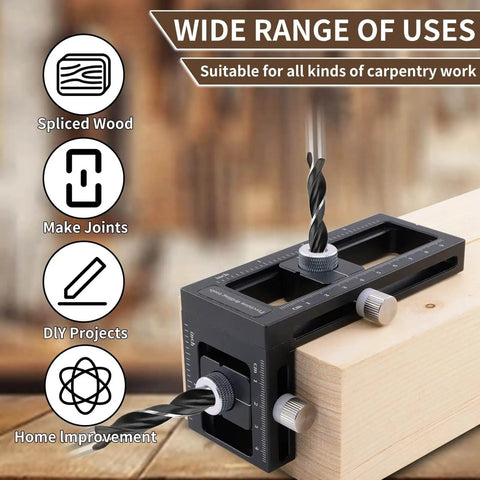Pro Grade 2-In-1 Doweling Jig Kit For Woodworking With Aluminum Alloy Body Self Centering Drill Guide and Vertical Hole Locator on wood