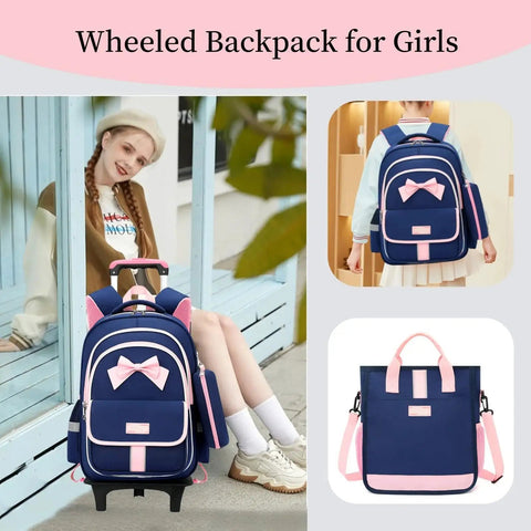 Girls Rolling Backpack Set Three Piece With Bowknot Design Wheels And Lunch Tote Handbag Trolley Bag in blue with pink accents
