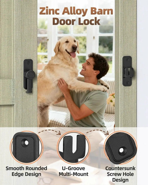 Heavy-Duty Zinc Alloy Barn Door Lock With 90/180 Degree Flip Privacy Latch, black finish, shown on interior door.