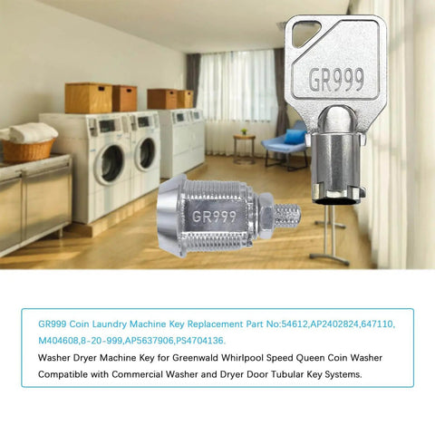 Premium Five Piece Coin Laundry Machine Key Set For GR777 GR800 GR888 GR100 GR999 Compatible With Greenwald Speed Queen Commercial Machines Waterproof Rustproof Corrosion Resistant Keys showing GR999 key in close-up.