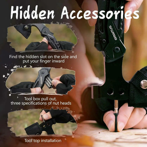 Close-up of 16 In 1 Camping Multitool With Axe Hammer Pliers Saw Knife Wire Cutter And Screwdrivers showing hidden tool use