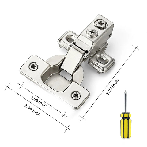 20 Pack 10 Pairs Half Inch Overlay Brushed Nickel Short Arm Kitchen Cabinet Hinges With Soft Close 105 Degree Concealed Hinges Includes Screwdriver And Mounting Screws For Face Frame Doors Ravinte, hinge and screwdriver size diagram.
