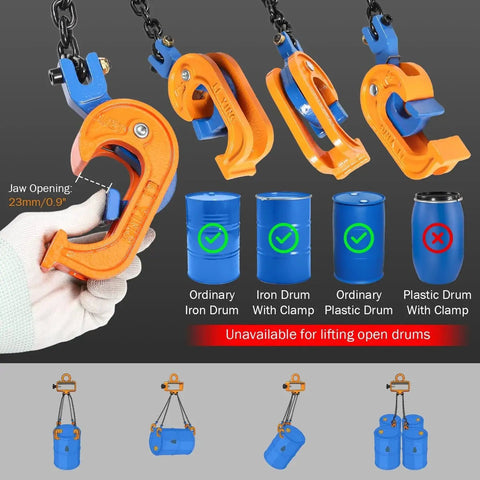 2 Ton Drum Lifter For 55 Gallon Drums With Forklift Hoist Chain And 4 Hooks showing clamps compatible with iron and plastic drums