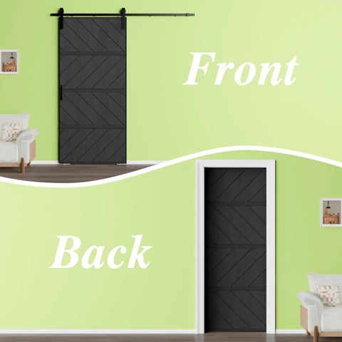Front and back view of 36 By 84 Inch Sliding Barn Door MDF With Waterproof Surface DIY Assembly Ready Pre Drilled Slab in living room.