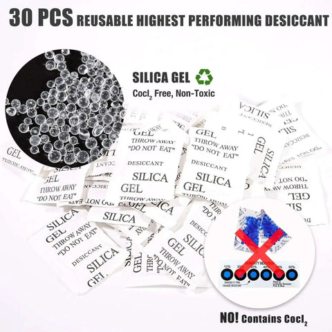 30 silica gel desiccants labeled non-toxic next to CoCl2 warning, part of Premium 30 Pack Large 32x34cm Vacuum Sealed Filament Storage Bags Kit