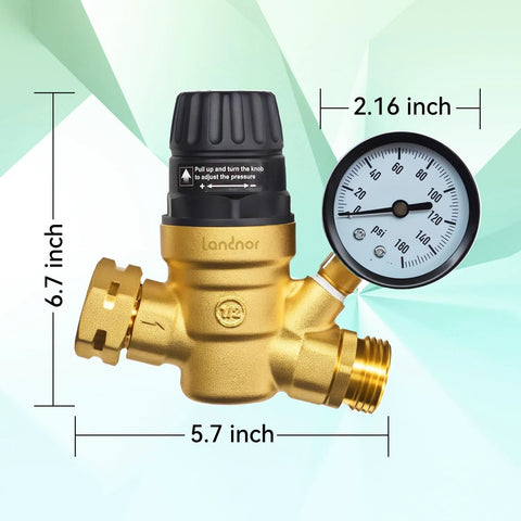 RV water pressure regulator valve by Landnor with gauge, brass lead-free body and adjustable knob with inlet screen filter