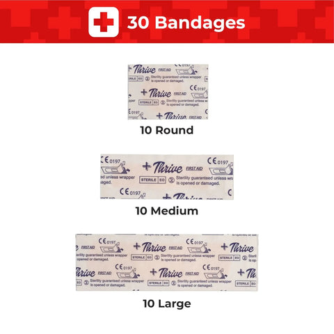 Mini First Aid Kit For Travel And Adventure By Thrive, 30 assorted bandages shown: round, medium, and large sizes with Thrive logo.