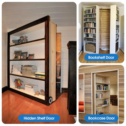 Hidden Door Pivot Hinge For 300 LB Secret Door in use with bookcase doors, showcasing hidden shelf design and pivot mechanism.