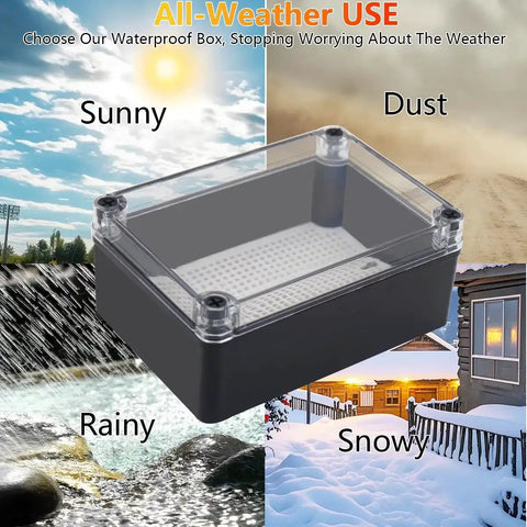 IP67 Waterproof ABS Black Junction Box Enclosure with Clear Cover in various weather conditions, showcasing durability