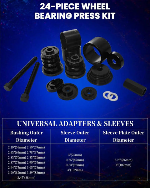 24 Piece Wheel Bearing Press Kit for Easy Front Wheel Bearing Removal and Installation, Universal Sleeves Set displayed