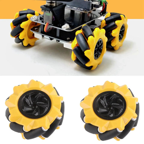 Yellow and black Mecanum Wheel Set for Omni Directional Robot Car, 80mm rubber coated wheels for TT Motors, DIY components shown assembled