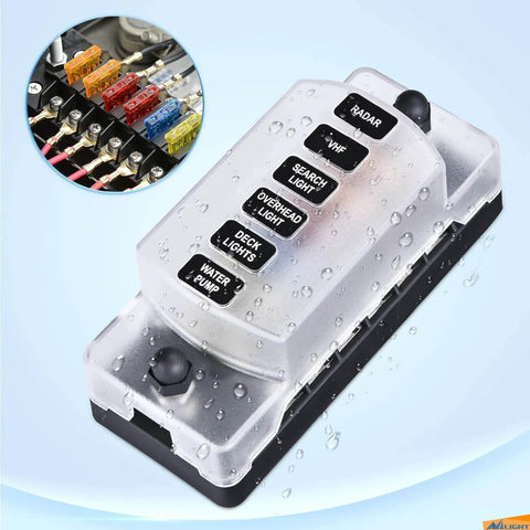 Six Way Fuse Block With Negative Bus And 12V Blade Fuse Holder for auto electrical systems with waterproof cover and labels.