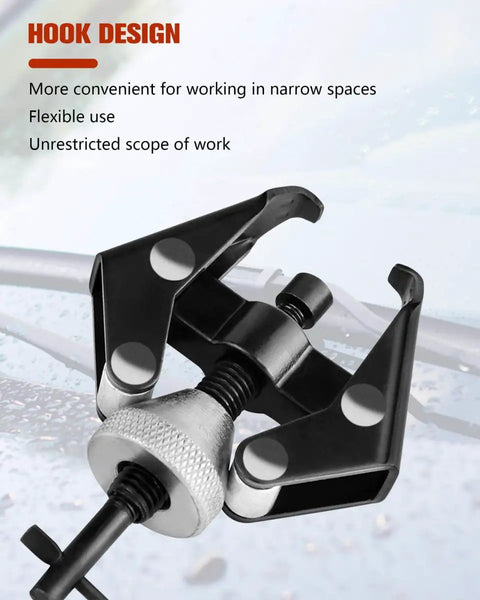 Universal Windshield Wiper Arm Removal Tool Kit With Stainless Steel Wiper Puller For Safe No Hassle Damage Free Arm Removal On Cars Trucks SUVs Includes Small Bearing Remover And Auto Repair Accessories, showing close-up of black metal hook design tool.