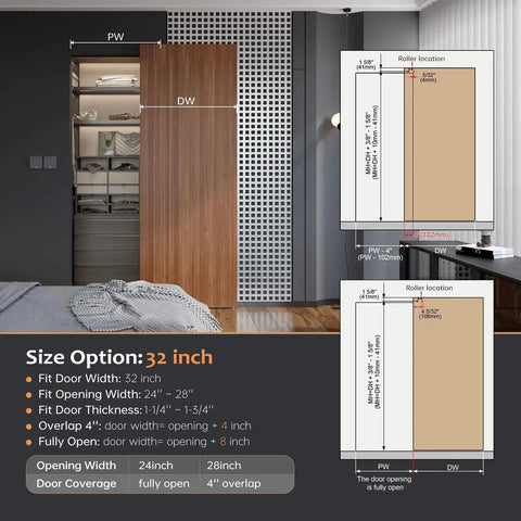 Concealed Sliding Barn Door Hardware Kit With Soft Close Mechanism And Invisible Floor Track for 32 Inch Rail, Aluminum.