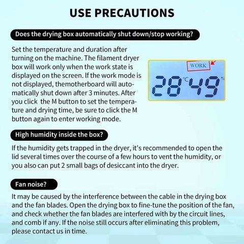 Use precautions text explaining settings for Moisture Busting Filament Dehydrator Dry Box with 28:49 timer display.