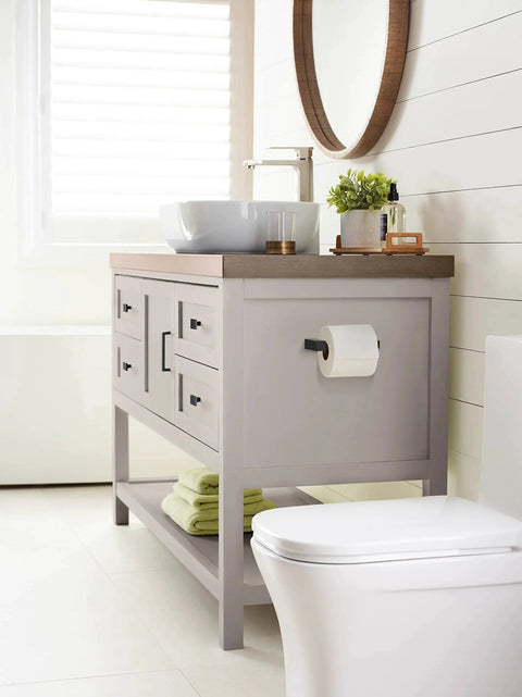 Bathroom vanity with Monument Matte Black Cabinet Pull 5-1-16 Inch Center-To-Center, modern drawer handle on light gray cabinet.