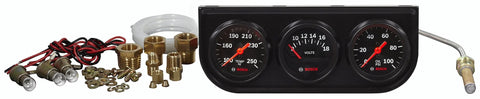 Bosch Style Line 2-inch triple gauge kit with black dial faces and bezels, includes brass fittings and wiring