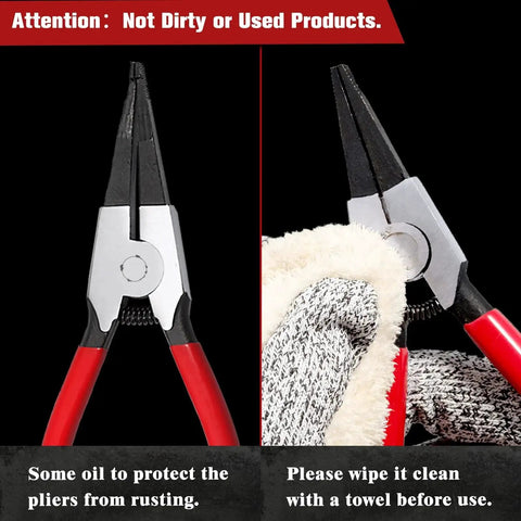 Heavy Duty Lock Ring Pliers Set with red handles, showing oil for rust protection, alongside a cloth for cleaning before use.