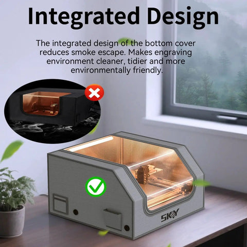 Universal Laser Engraver Enclosure With LED Light And Vent Kit For Most Laser Cutters, Eye Protection, Smoke Odor Shield, shown on a table.