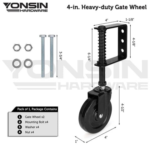 Heavy Duty Spring Loaded Gate Caster With 4 Inch Wheels, 360 Swivel Drag Wheels For Wooden And Metal Gates, Anti Sag Kit, 200 Lb Capacity, Pack Of 2, Black Durable Construction, Adjustable Spring Tension, Easy Installation On Wooden And Metal Gates. Front view with bolts and washers.