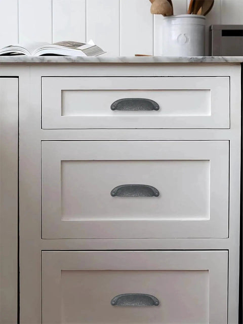 Kitchen drawer with 10 Pack Rustic Cup Pulls In Black Iron, 3-3/4 Inch Center-To-Center Cabinet Hardware, Vintage Farmhouse Style
