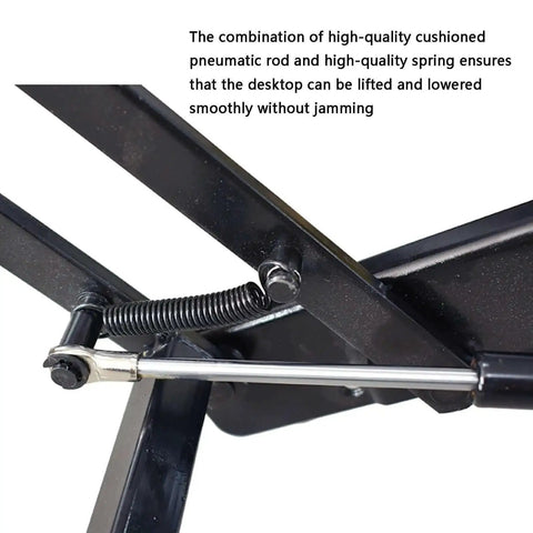 Lift Top Coffee Table Mechanism With Hinge Spring And Pneumatic Assist close-up view of hydraulic lift with steel spring and rod.