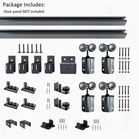 Exterior Double Sliding Barn Door Hardware Kit With Box Track For Outdoor Use Heavy Duty Wall Mount System Supports Up To 300 Lbs Hardware Kit To Hang Two Doors Fits 36 Inches By 2 Doors displayed with accessories.