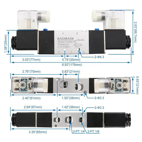 Diagram of Industrial Pneumatic Solenoid Air Valve 110VAC Five Way Two Position Double Coil Pilot Operated Electrical Control Model 4V220-08 With Quarter Inch PT Ports And Aluminum Alloy Body showing dimensions.