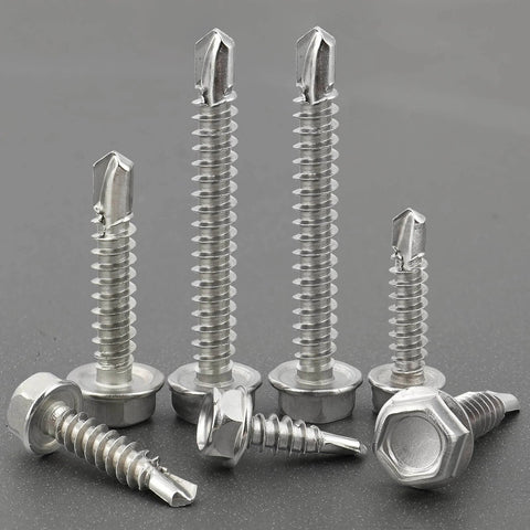 Self-drilling sheet metal screws with hex washer heads, 410 stainless, set of seven shown, lengths 1/2–1-1/2 in