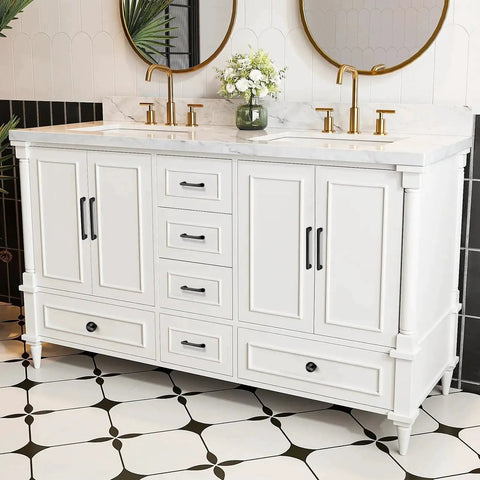 White vanity with Matte Black Modern Cabinet Pulls 3 Pack With 3 Inch Hole Center 76mm And 3.4 Inch Total Length Durable Zinc Handles