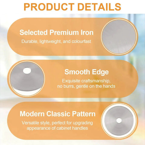 Product details of Round Back Plates For Cabinet Knobs 8 Pack Thick Iron Decor Back Plates showing premium iron, smooth edge, modern pattern.
