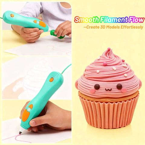 Child using a 3D pen with 32 Color 2.5Mm 3D Pen Filament Refill For 3Doodler Start Plus, creating a cupcake design.
