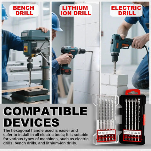 Upgraded 6 Inch Long Masonry Drill Bit Set With Ten Pieces Of Serrated Carbide Drill Bits shown with bench, lithium-ion, and electric drill use