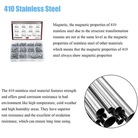 320 Piece 410 Stainless Steel Hex Washer Head Self Drilling Sheet Metal Screws Assortment Kit displayed with close-up of screw metal.