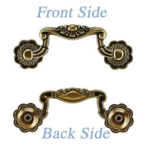 Front and back view of Antique Bronze Cabinet Pulls Set of 10 with 3 inch hole centers, vintage drawer handles for cabinets and dressers.