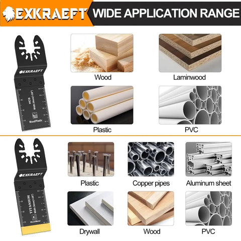 Titanium Oscillating Saw Blades Set For Metal Wood And Plastic 110 Piece Multitool Blades Kit Heat Resistant High Efficiency With 50 Percent Hardness Increase Long Lasting Life Fits Dewalt Milwaukee Ryobi Rockwell Fein shown with material compatibility grid.