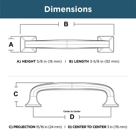 Diagram of Lombard 3 Inch Center To Center Matte Black Cabinet Handles 1 Pack showing dimensions and design.