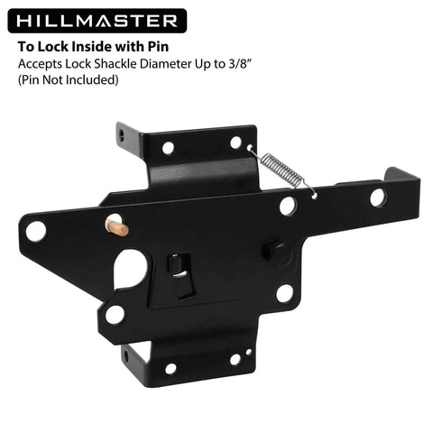 Beefy Heavy Duty Self Locking Gate Latch for Wooden Fence Post, black finish, with pin lock compatibility and gravity-assisted locking.
