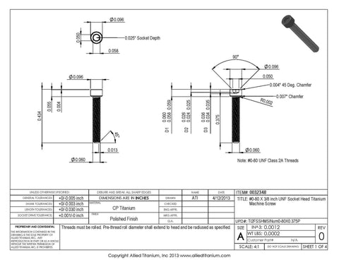 Technical drawing of Socket Head Titanium Machine Screw 0-80 UNF, 3/8 Inch, Grade 2 CP, Pack Of 25, polished finish.