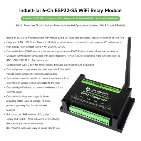 Industrial Six Channel ESP32S3 WiFi Relay Module with RS485 and Bluetooth Pico HAT interfaces, isolation circuits, 10A relays.