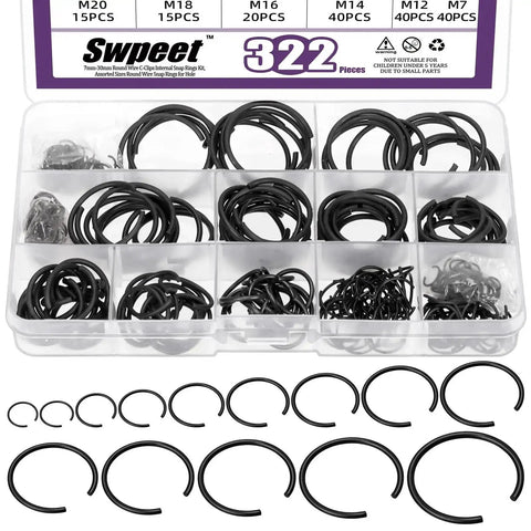 322 Piece Snap Ring Set Carbon Spring Steel And Manganese Round Wire C Clips Internal Snap Ring Kit 14 Sizes From 7mm To 30mm For Bearings And Holes in plastic case