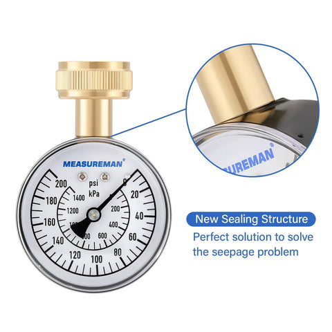 MeasureMan water pressure gauge, 2-1/2 inch dial, 0-200 psi, brass hose thread, waterproof black case