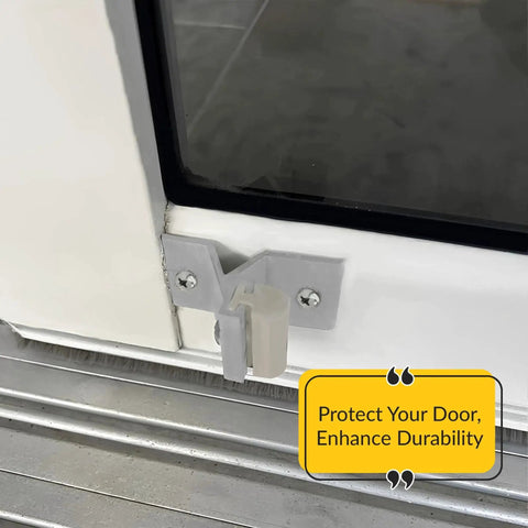 Sliding Patio Door Bumper Stop In Gray Aluminum 2 Inch Length 1 Inch Width installed on door frame
