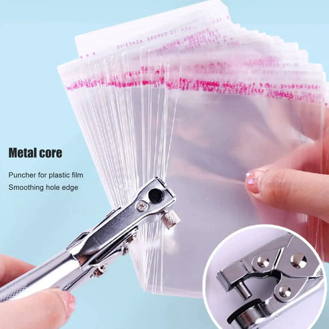 7mm Single Hole Punch For Paper Plastic Bags OPP PVC Bags Photos Cardboard Easy To Use For DIYers And Pros, shown in use