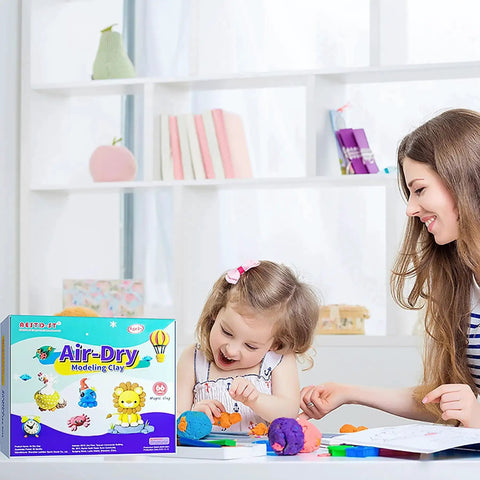 Child playing with 66 Color Modeling Clay Kit For Kids With Tools, Non Sticky Air Dry Clay, alongside a parent in a bright room.