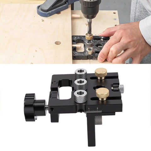 Self Centering Adjustable Doweling Jig Kit For Woodworking Pro Grade Dowel Jig Drill Guide With Bits And Bushings in use on wood