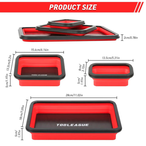 Collapsible Magnetic Parts Tray Set With 15Lb Magnetic Pickup Pen, 3 Size Silicone Foldable Tool Trays dimensions shown in image