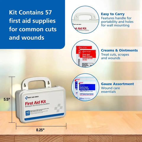 All Purpose 57 Piece Emergency First Aid Kit For 10 People, Ideal For Office, Worksite, Home, And Car, with case dimensions.